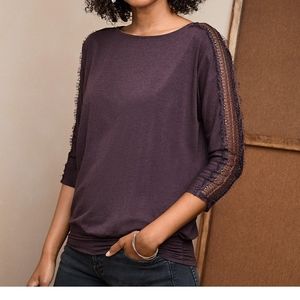 Garnet Hill Lace-Sleeve Blouson Tee - Size Medium Purple Organic Cotton